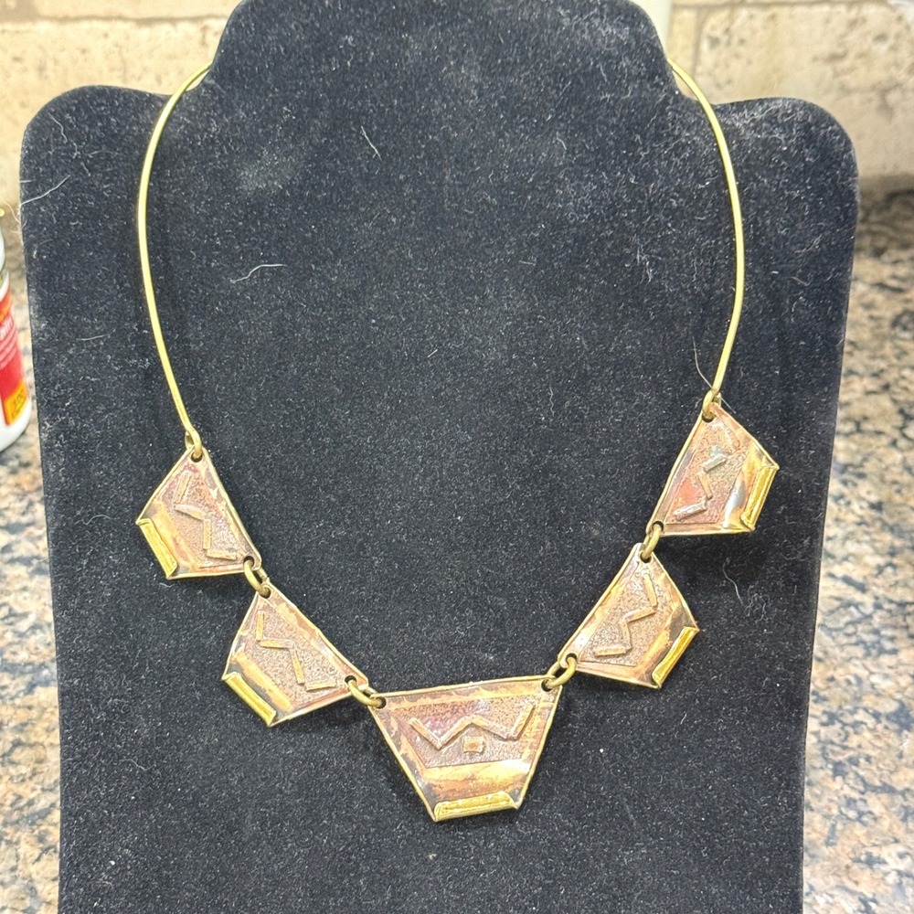 Vintage Brutalist Mixed Metal Collar Necklace Copper Brass Geometric Artisan